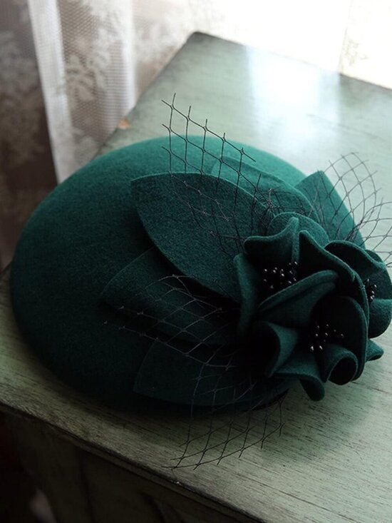 Women\'s Church Wedding Winter Vintage Fascinator Beret Wool Felt Veil Hat Green